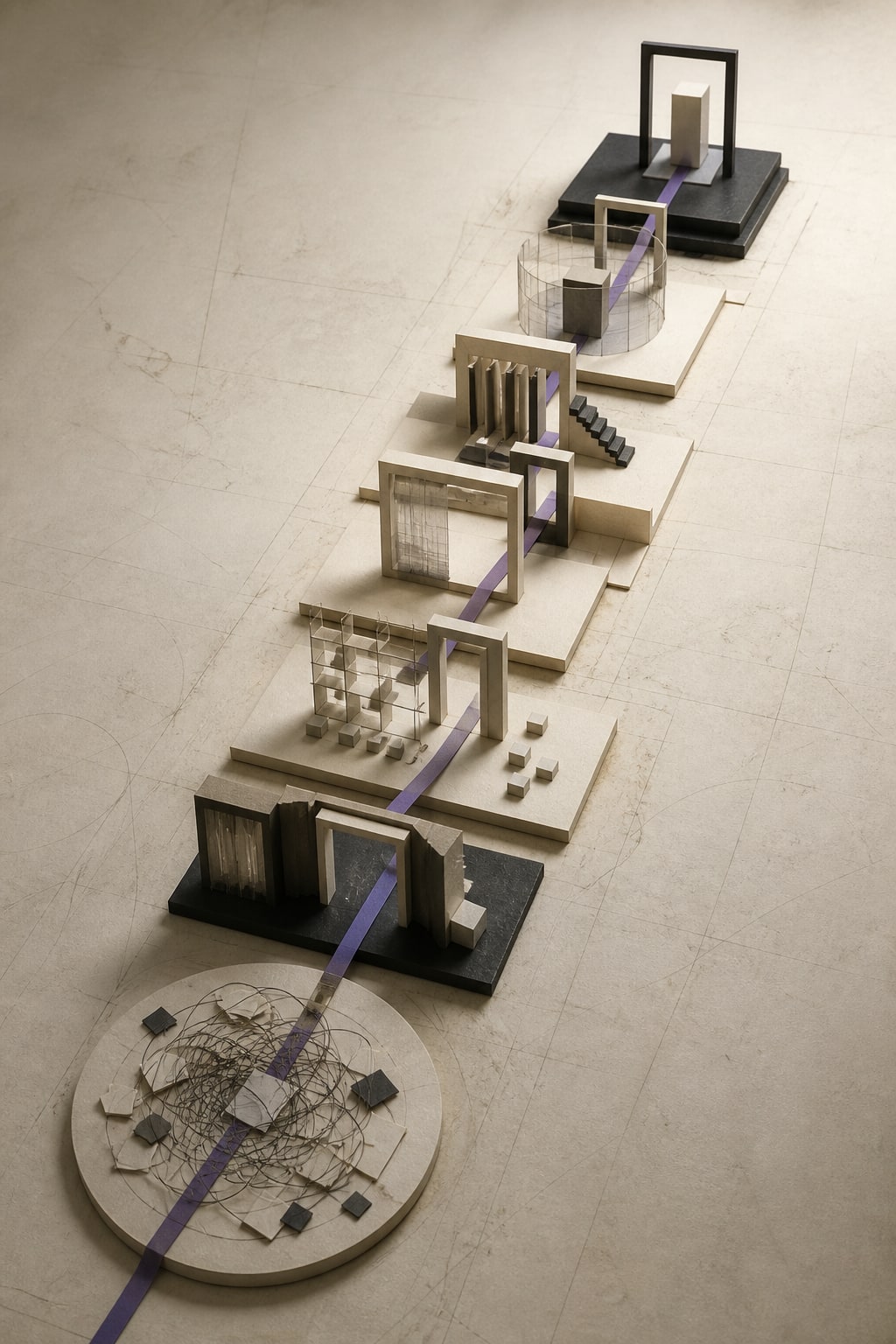 Architectural model of seven movements turning ambiguity into outcomes