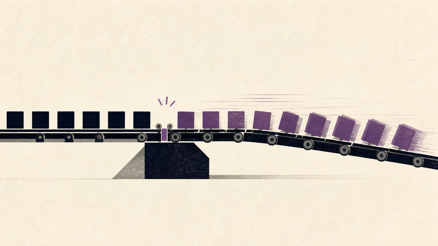 A workflow conveyor where one small defect causes increasingly misaligned outputs downstream.