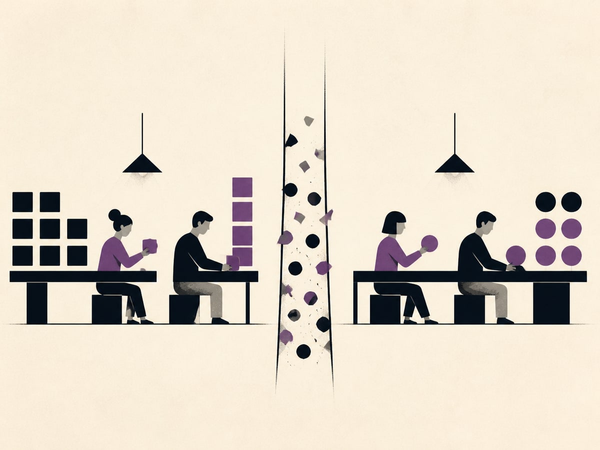 Two teams work on separate sides of a shared system boundary while unresolved errors collect in the gap between them.