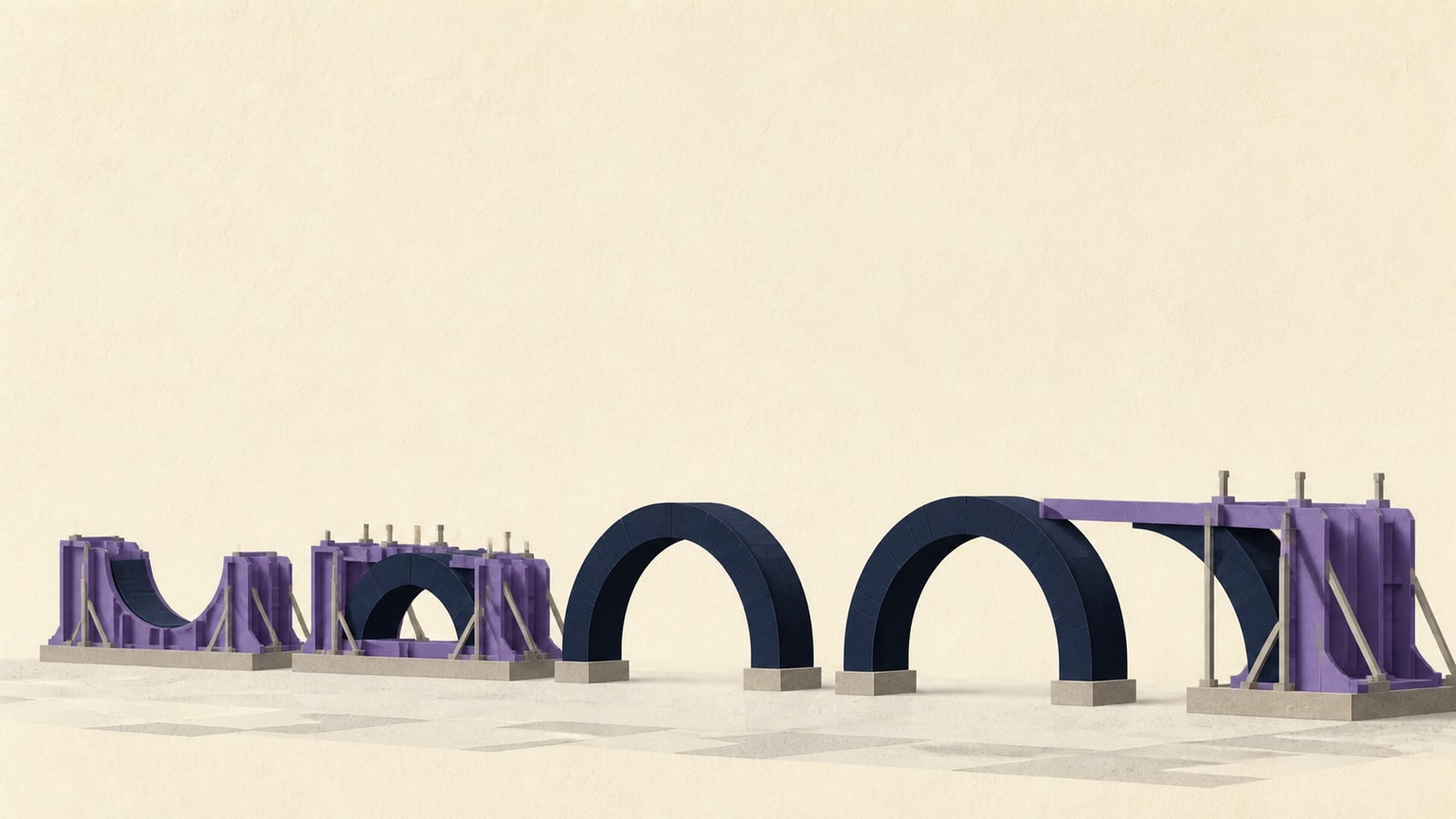 Purple formwork shapes navy arches while completed spans stand independently and help form the next.