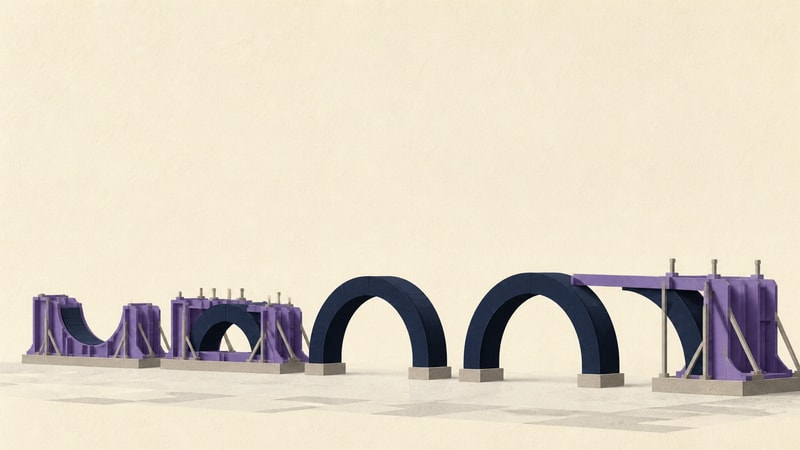 Purple formwork shapes navy arches while completed spans stand independently and help form the next.