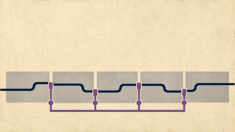Five navy platform paths cross separate gray fields while purple junctions align them through one shared spine.