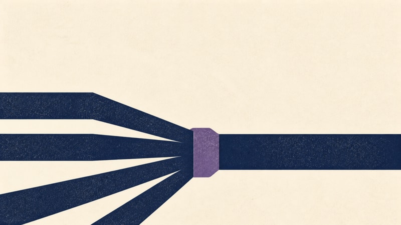 Independent navy structural paths converge through a purple coupling and continue as one stable span.