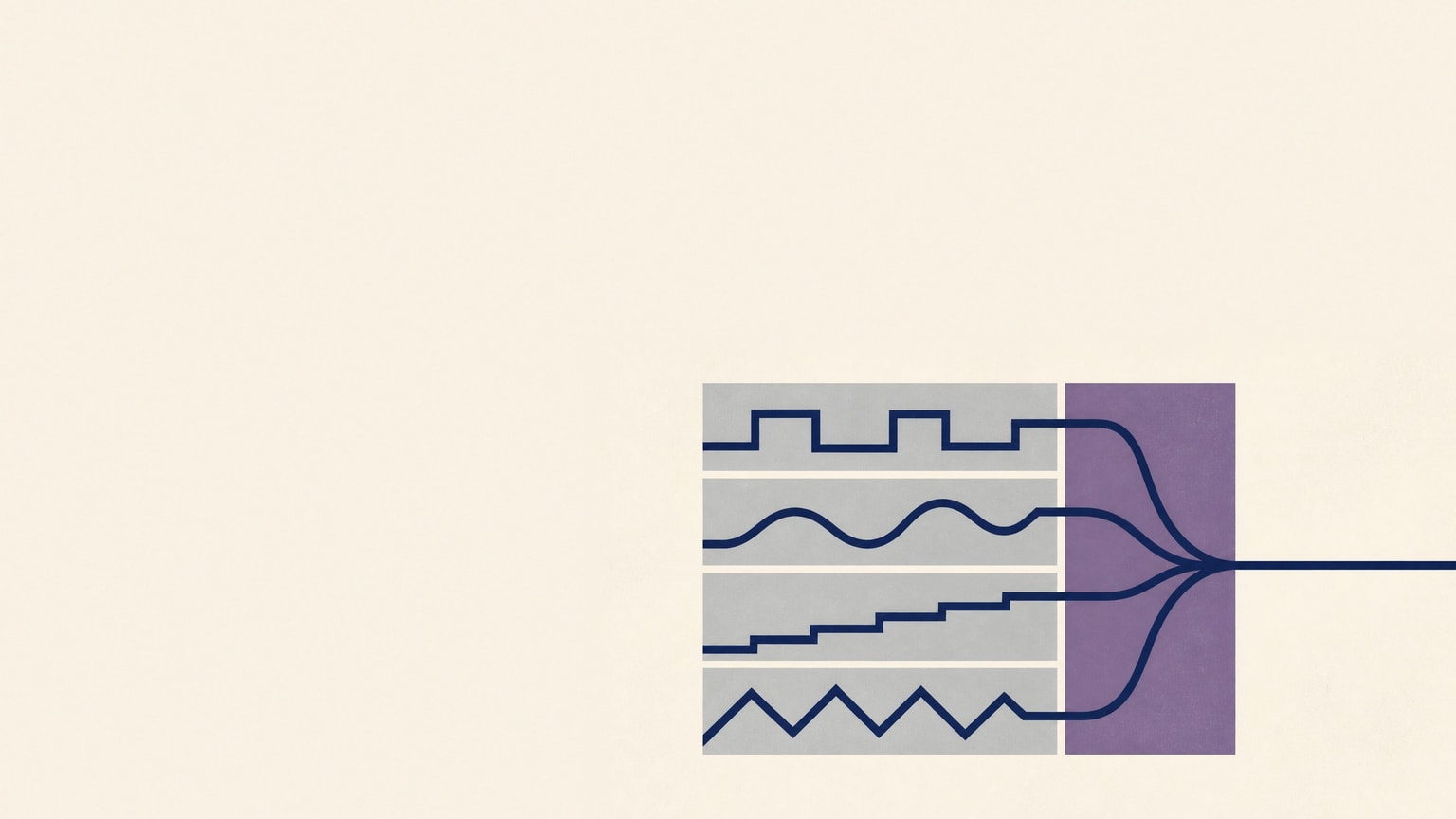 Four self-contained navy paths end at different positions before a purple registration band carries them into one continuous output.