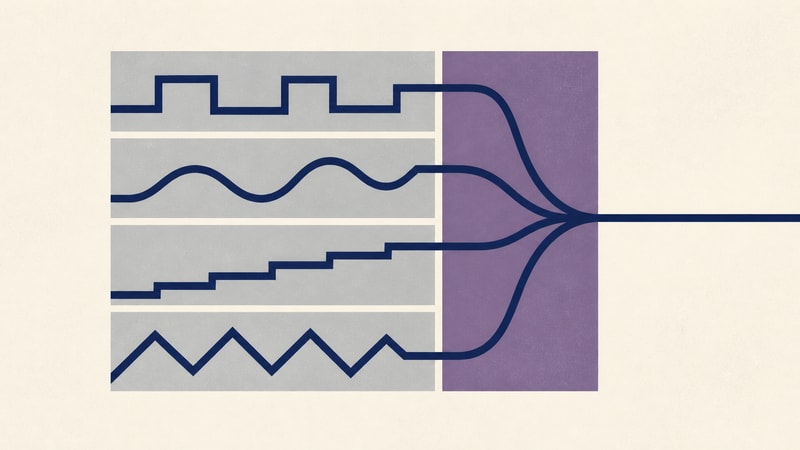 Four self-contained navy paths end at different positions before a purple registration band carries them into one continuous output.