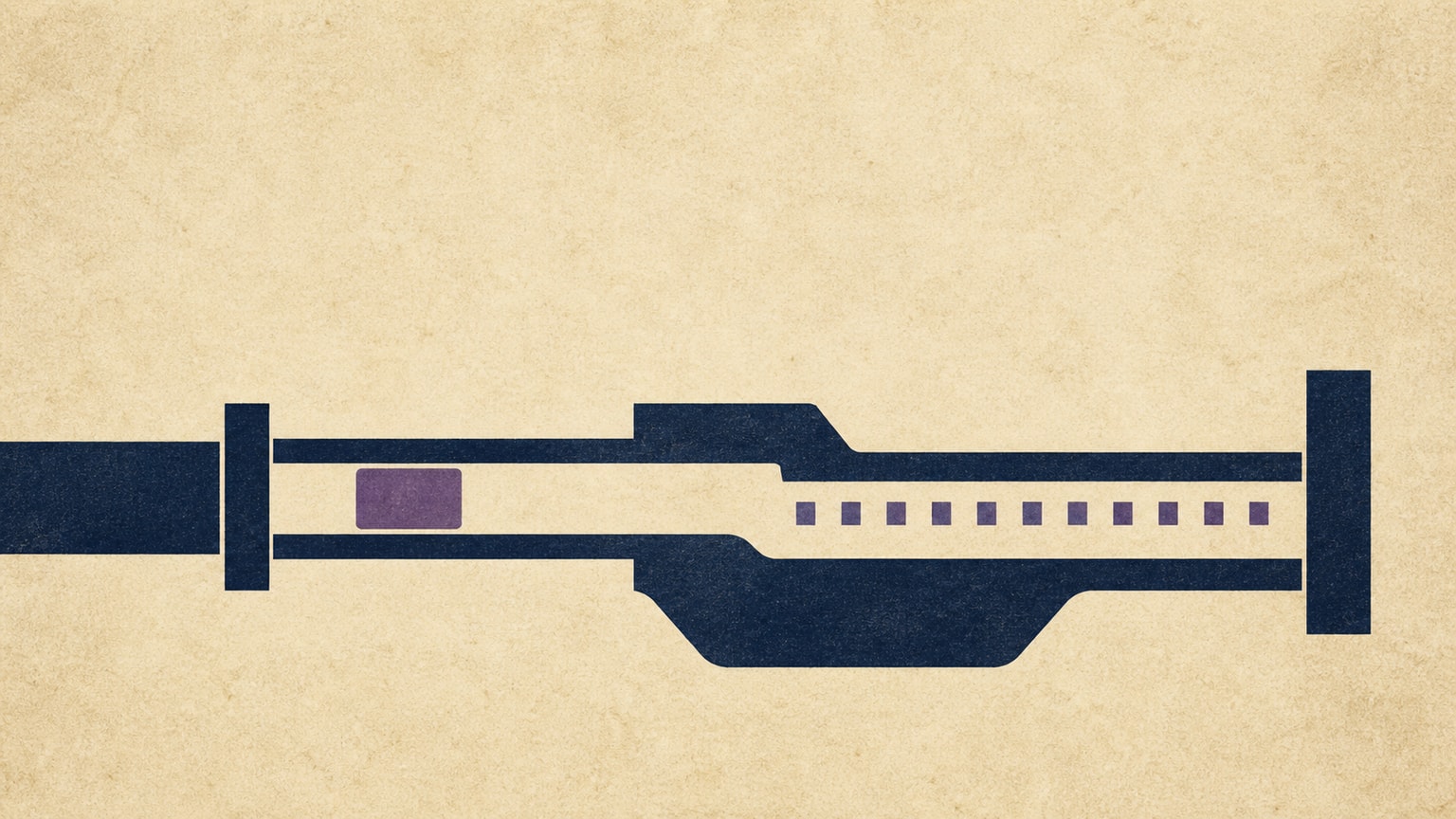 A small purple action block moves inside a navy production frame with an entry gate, guide rails, a recovery pocket, registration marks, and an end boundary.