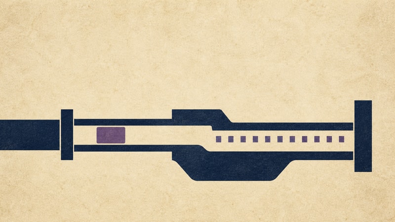 A small purple action block moves inside a navy production frame with an entry gate, guide rails, a recovery pocket, registration marks, and an end boundary.