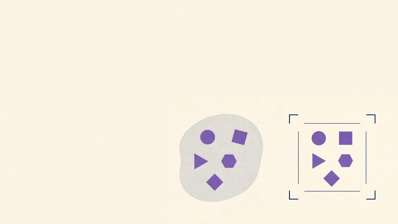 Loose purple elements become aligned when four navy registration marks establish a clear operating frame around them.