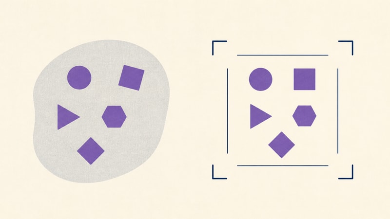 Loose purple elements become aligned when four navy registration marks establish a clear operating frame around them.