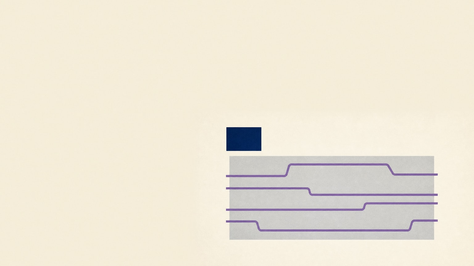A large navy answer tile sits outside the working field while four purple paths continue independently through the space it left.