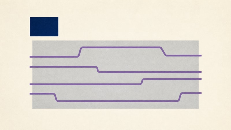A large navy answer tile sits outside the working field while four purple paths continue independently through the space it left.