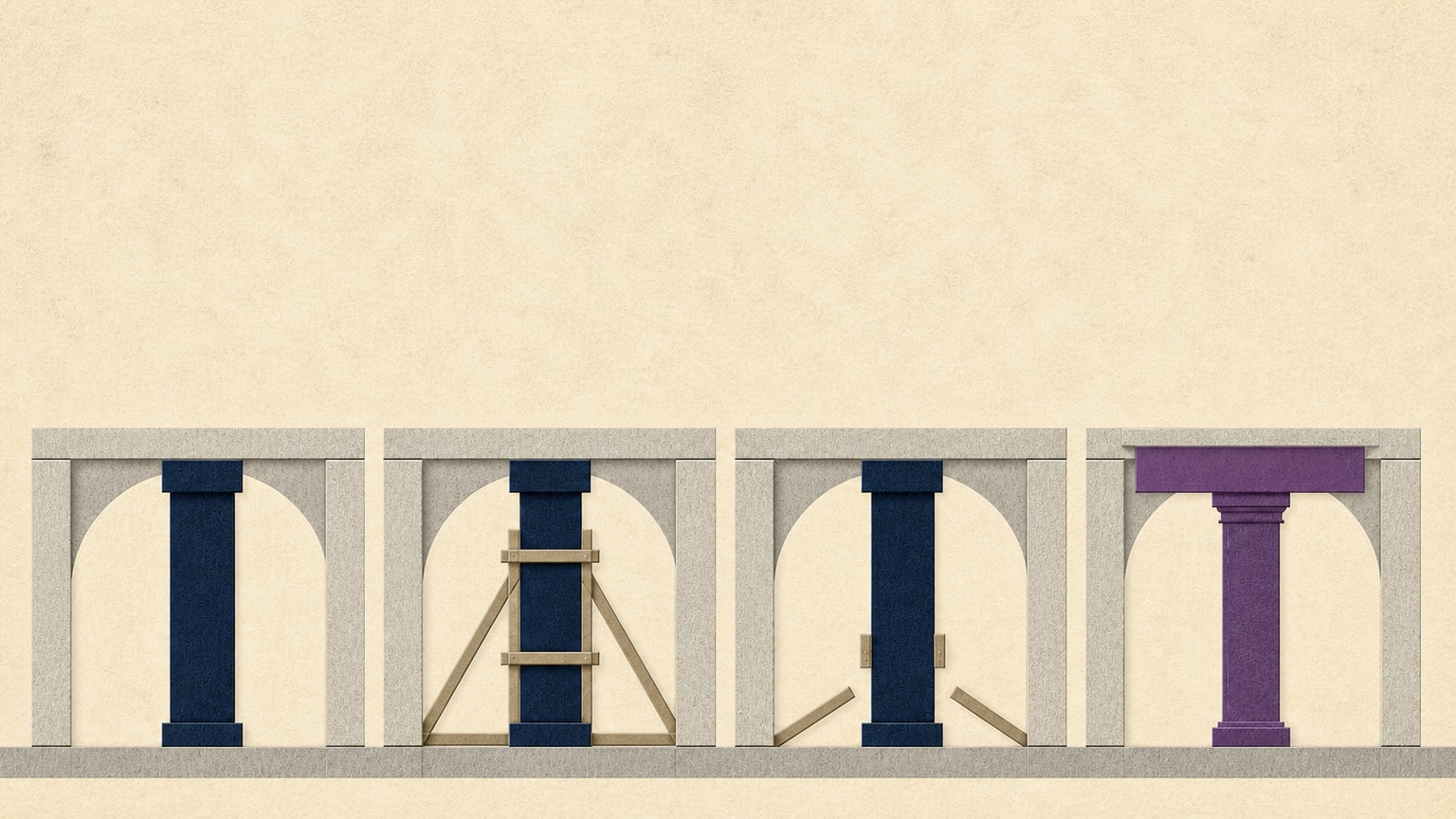 Four structural bays show a column being aligned, braced, released, and finally carrying a load independently.