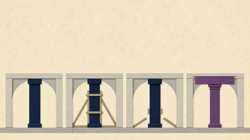 Four structural bays show a column being aligned, braced, released, and finally carrying a load independently.