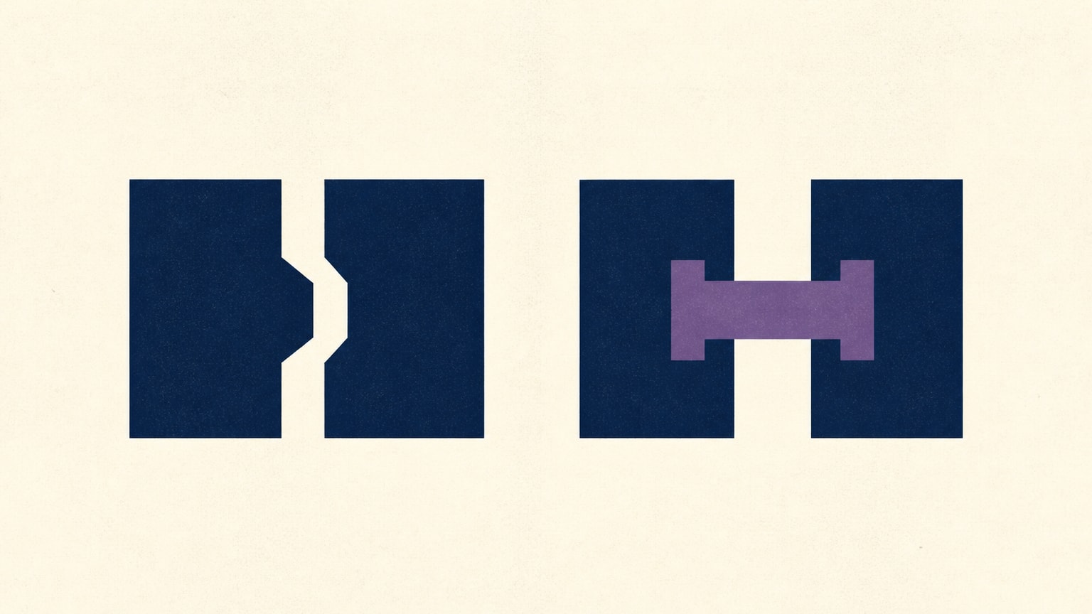 Two paired navy forms meet at a narrow pressure gap; only one pair remains joined by a purple interlock.
