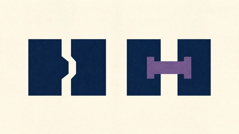 Two paired navy forms meet at a narrow pressure gap; only one pair remains joined by a purple interlock.