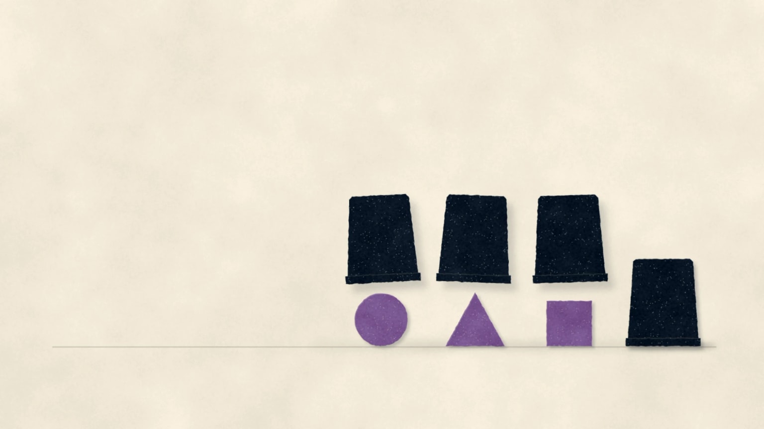 Three navy cups lift to reveal a different purple shape under each, while a fourth cup stays down and shows nothing yet.