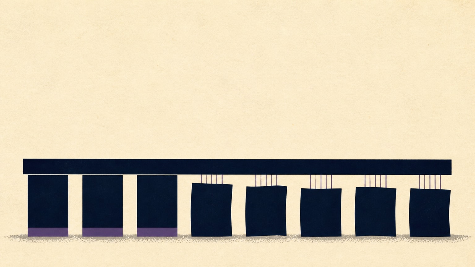 A row of navy blocks supports one continuous beam. The blocks carrying a purple base band stand square against it, while the unmarked blocks have settled away from the beam with fine purple lines spanning the gap.