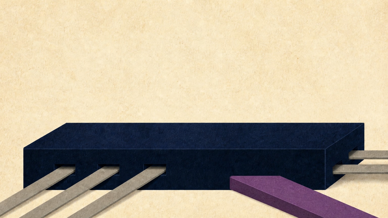 Three established gray channels pass through fitted openings in a stable navy platform while a violet channel stops against an uninterrupted wall with no entry point.