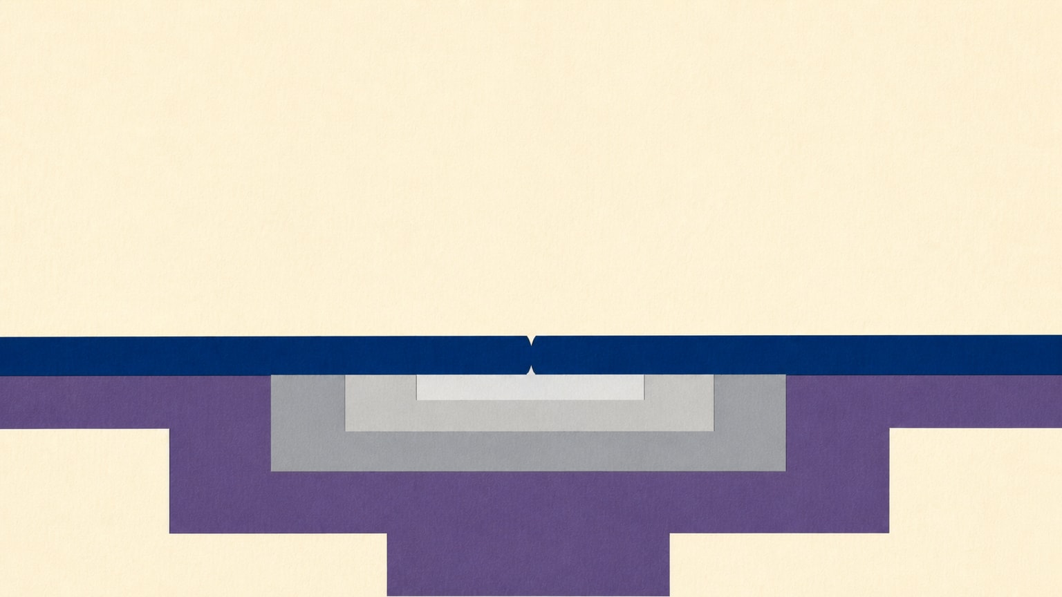 A tiny break in a calm navy surface opens through nested gray layers into a larger purple displacement below.